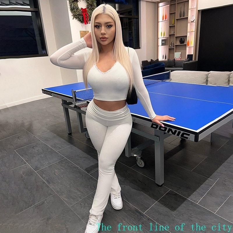 Casual long sleeved shorts hoodie setK23ST589风长袖花边V领短