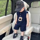 套装 宽松短裤 夏季 卡通印花POLO领背心男女童宝宝薄款 新款 儿童无袖