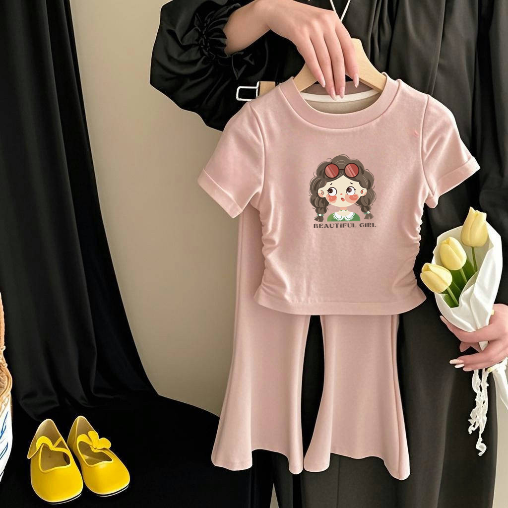 女童短袖套装夏季新款卡通印花圆领t恤宝宝休闲薄款洋气喇叭裤潮,童装/婴儿装/亲子装,套装,淘宝优惠券,粉丝福利购,淘宝优惠卷