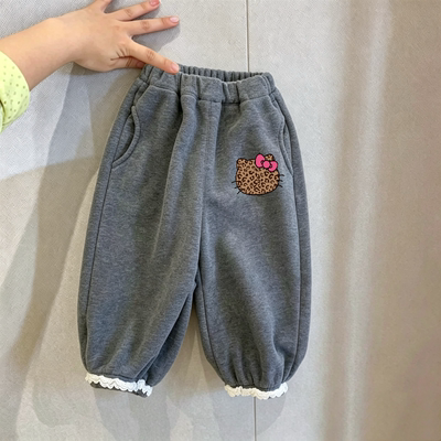 女童裤子秋冬季新款卡通印花休闲花边束脚裤宝宝百搭洋气加绒长裤