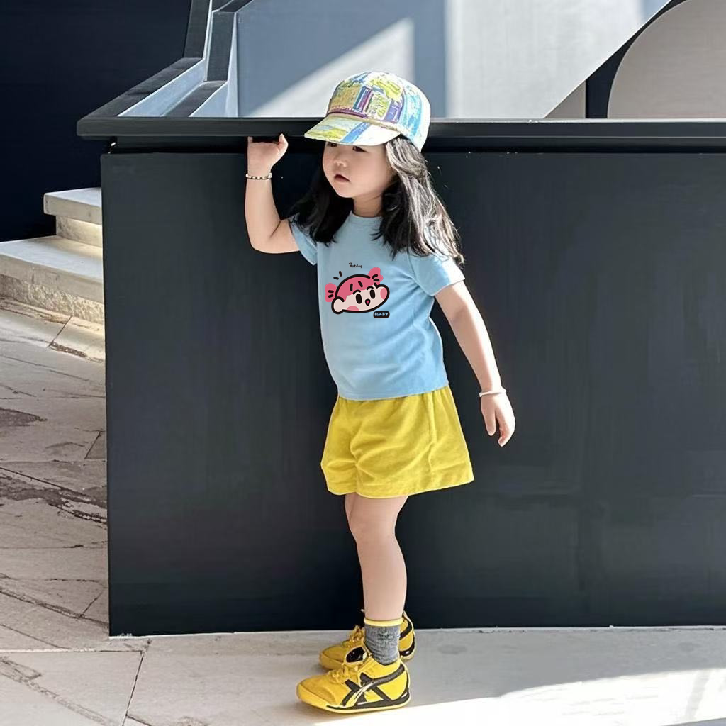 女童短袖套装夏季新款卡通印花圆领上衣宝宝洋气百搭运动五分裤潮