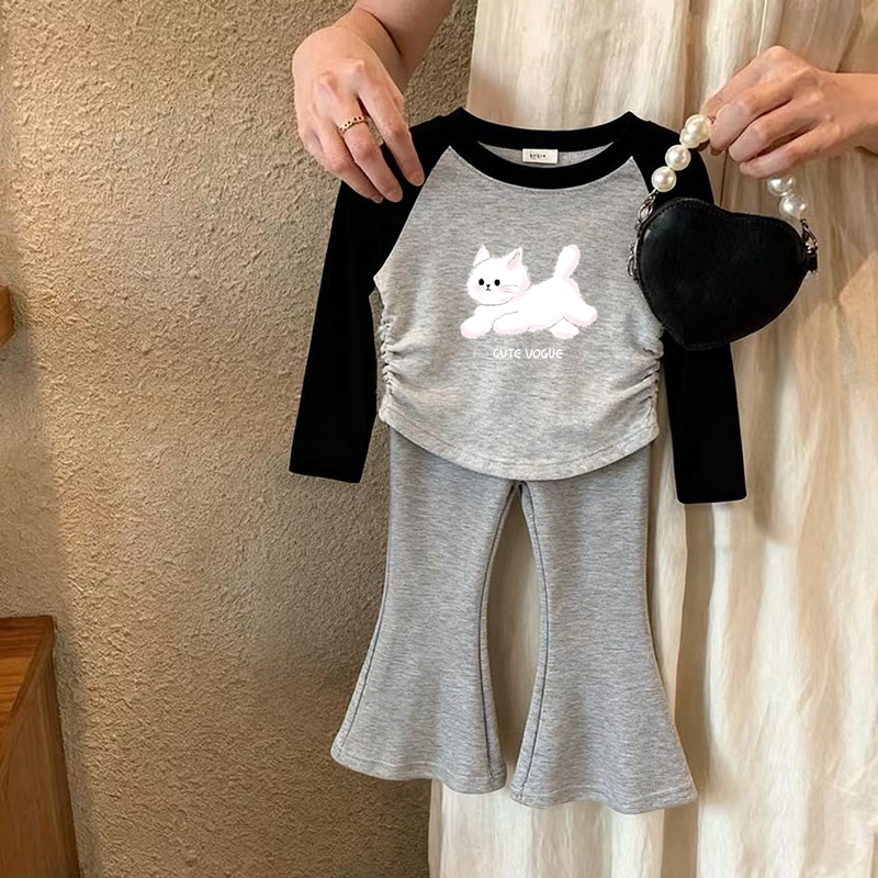 女童长袖套装春秋新款卡通印花拼色褶皱打底衫宝宝洋气薄款喇叭裤