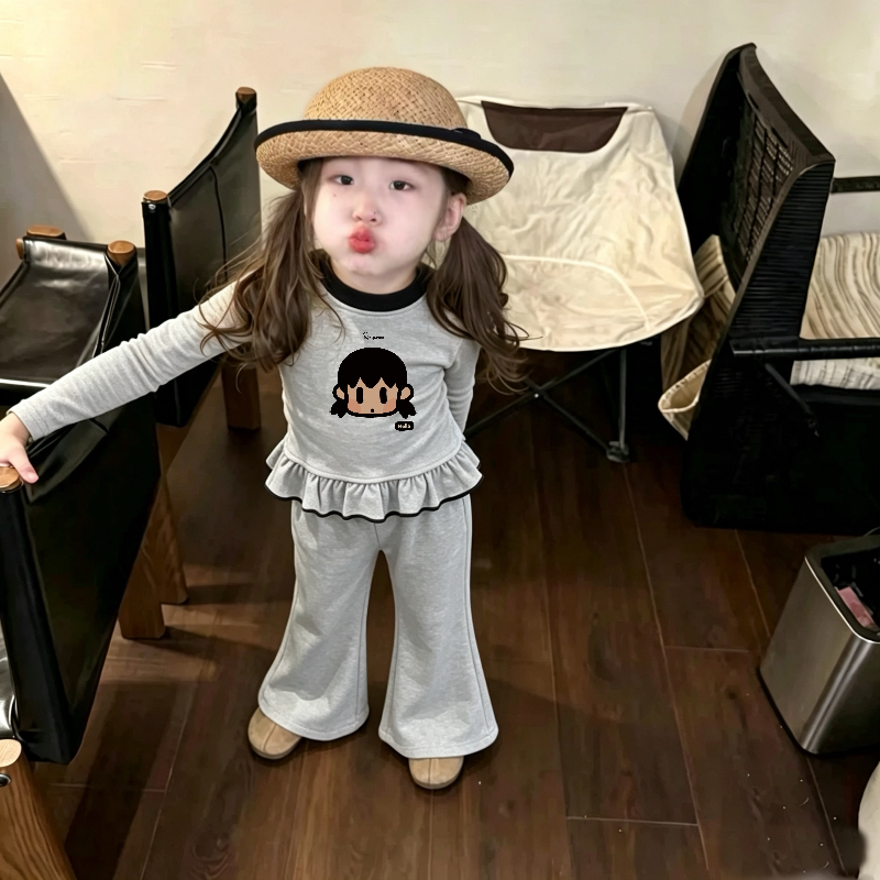 女童长袖套装春秋款卡通撞色薄款荷叶边上衣宝宝百搭休闲喇叭裤潮