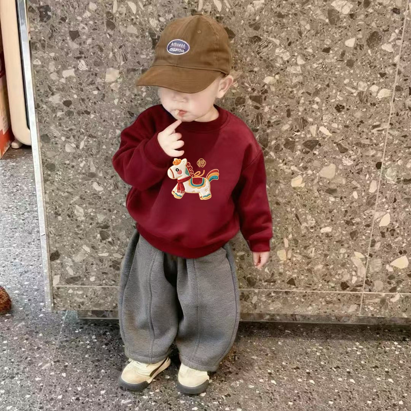 儿童圆领套装秋冬季新款卡通印花加绒拜年服男女童宝宝宽松弯刀裤