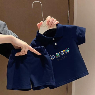 儿童短袖套装夏季款卡通印花POLO领上衣男女童宝宝百搭薄款五分裤
