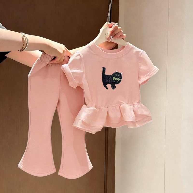 女童短袖套装夏季&middot;新款卡通印花圆领薄款上衣宝宝洋气休闲喇叭裤