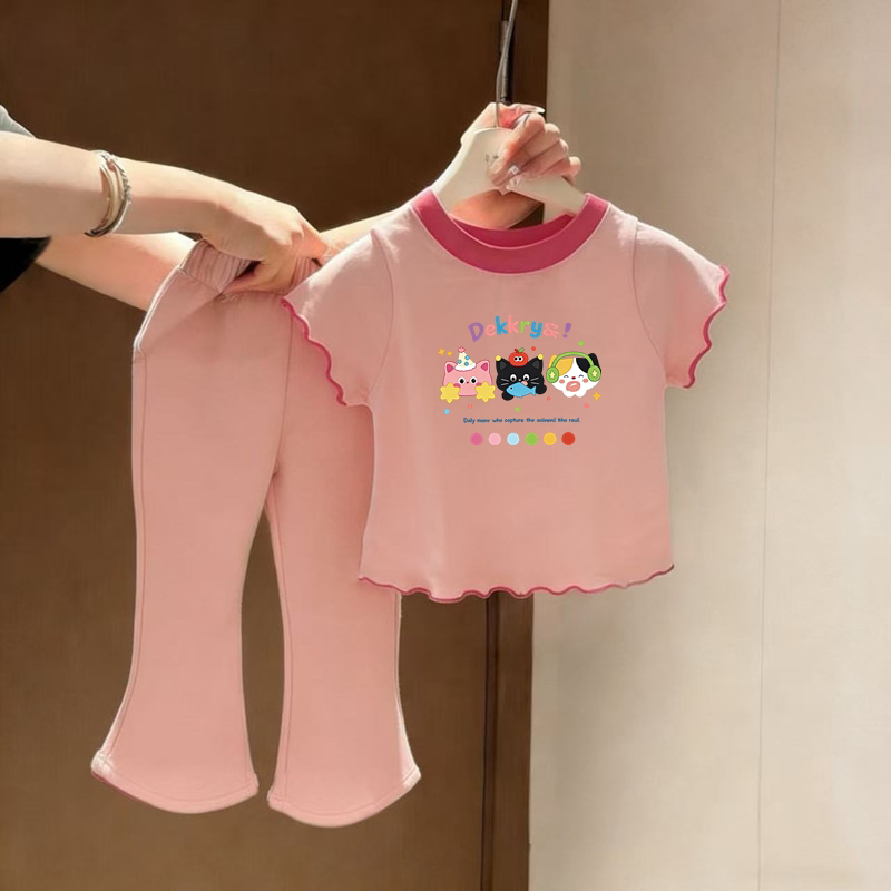女童短袖套装夏季新款卡通印花圆领木耳边上衣宝宝洋气百搭喇叭裤