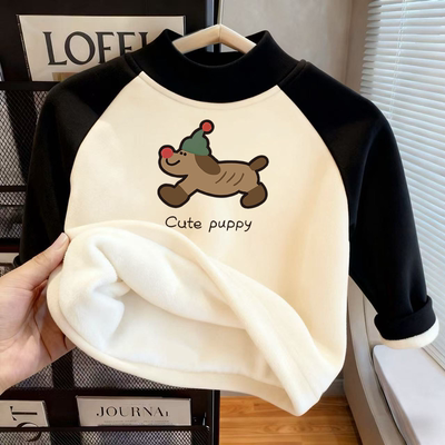 儿童加绒上衣秋冬季新款拼色卡通印花半高领长袖男女童宝宝套头衫