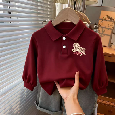 儿童长袖上衣春秋季新款喜庆印花POLO领t恤男女童宝宝百搭套头衫
