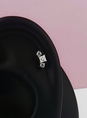 F136钛合金mini两圆锆方形耳钉M0.9螺旋甜美耳骨耳垂钉欧美日韩风