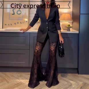 Women neck 西装 套 dres春秋长袖 embroidered sequined sexy