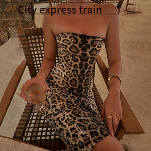sexy slit dress Strapless women爆品套装 fit for 豹纹印花 slim