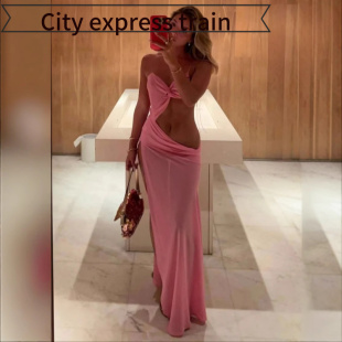 fit Sexy slim pleated dress独立站吊带镂空开叉连衣裙纯 hollow