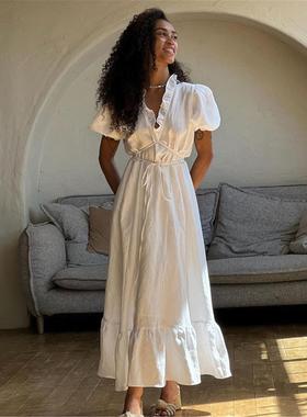 Printed Bubble Lace Loose Casual Dress新品法式白色连衣裙夏季