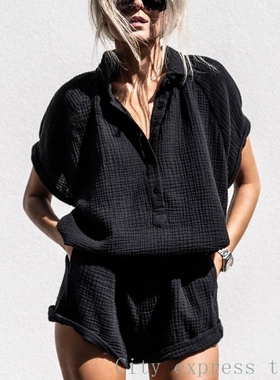 Two piece nightgown set for women's home 休闲V领纽扣黑色短袖