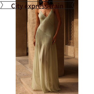embroidered sequined dres春夏压褶吊带透 neck sexy Women
