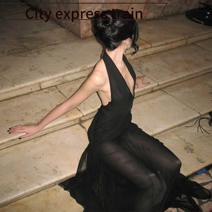 sexy fit slit dress women性感镂空深挂脖拼 Strapless for slim