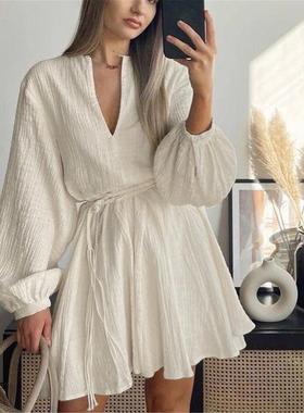 Satin sexy hollow backless lace up dress棉质透气皱布白色A字