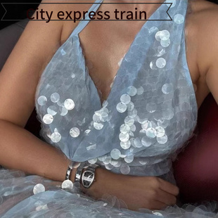 embroidered Women sequined sexy dres年蓝色亮片修身 neck