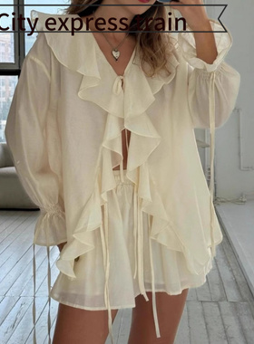 Printed casual linen loose sexy dress春夏荷叶边系带休闲口袋