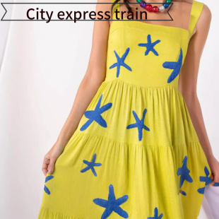 embroidered sequined neck dres刺绣百褶大摆吊 Women sexy