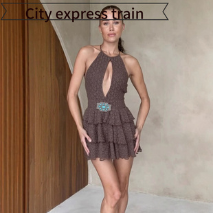 embroidered sequined dres年挂脖蛋糕短裙 neck sexy Women