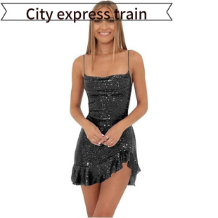 embroidered sequined dres性感吊带亮片蝴 neck sexy Women
