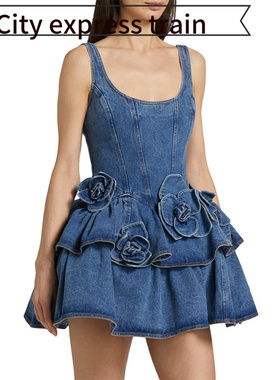 Women's Strapless Bodycon Sexy Bow Dress 花朵双层牛仔吊带裙