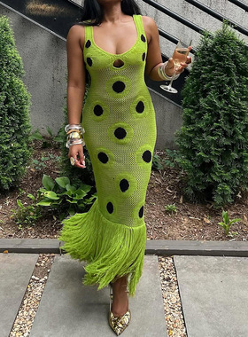 Printed versatile slim long dress秋季性感包臀针织连衣裙黑色