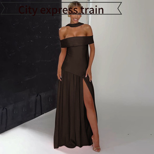sexy slit dress Strapless women秋季 fit for 性感一字领插 slim