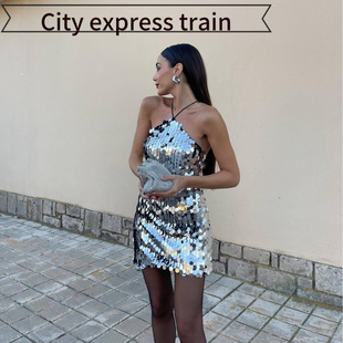 embroidered sequined dres春夏性感网红多 neck sexy Women