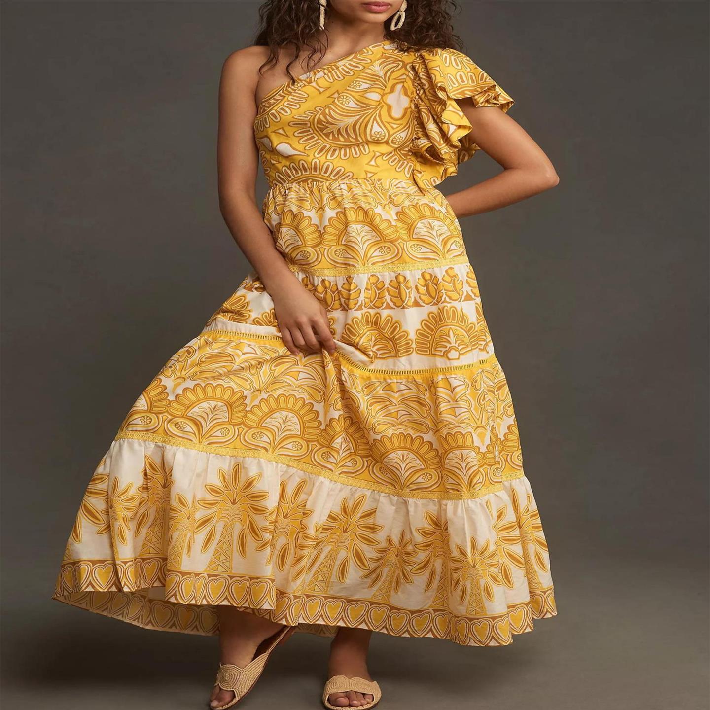 Loose home printed sexy pajamas for women亚马逊荷叶边单肩连