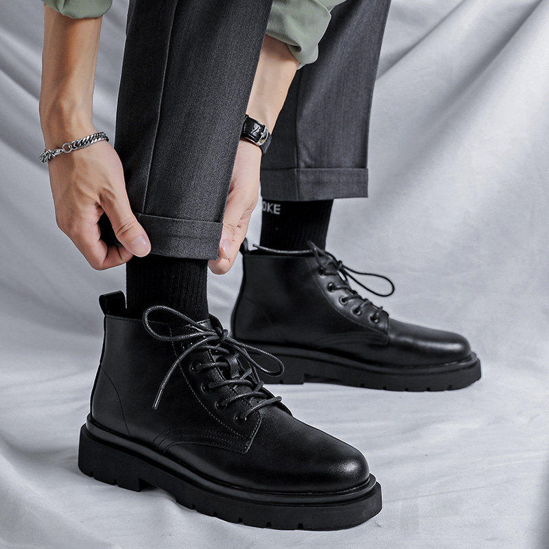 【商场同款】ins马丁靴男款低帮英伦风复古中帮皮鞋厚底增高黑色,流行男鞋,马丁靴,淘宝优惠券,粉丝福利购,淘宝优惠卷