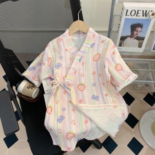 日本进口女童浴袍夏季纯棉儿童可穿浴巾女宝宝短袖纱布睡袍睡衣空