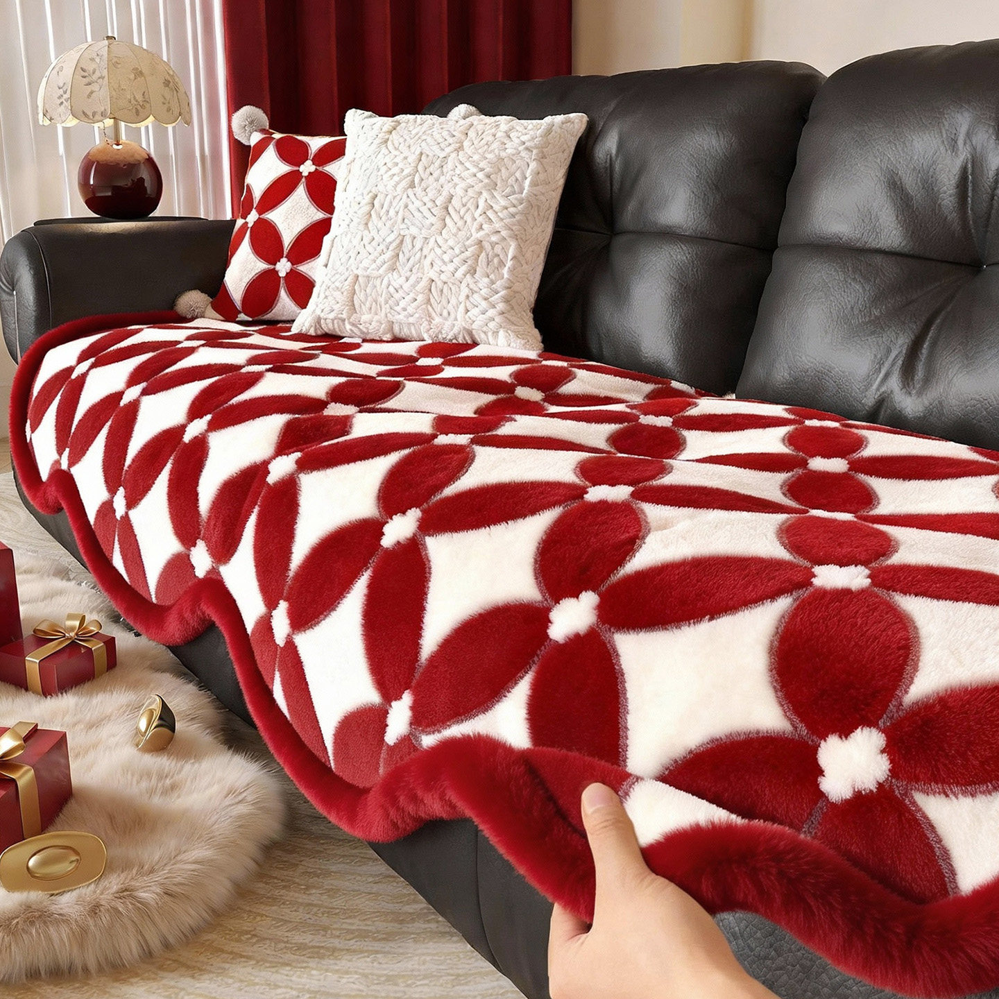 2026新年喜庆红色异形沙发垫过年毛绒直排异形坐垫子冬季沙发盖布,居家布艺,沙发垫,淘宝优惠券,粉丝福利购,淘宝优惠卷