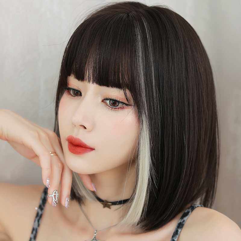 新品假发女短发网红挂耳染少女减龄齐肩锁骨发自然挑染全头套式假