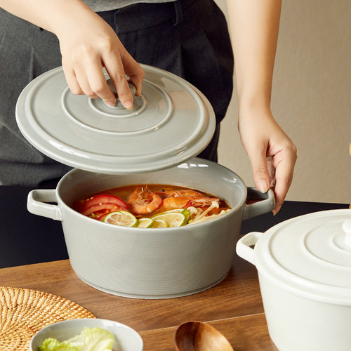 即物 陶瓷奶油风餐具带盖双耳汤碗大号家用2026新款酸菜鱼汤盆