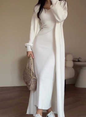 修身针织衫过膝长裙套装 Slim Knitted Sweater Knee Dress Set