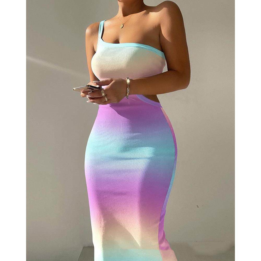 单肩镂空印花连衣裙欧美女性夏季单肩剪裁印花紧身裙