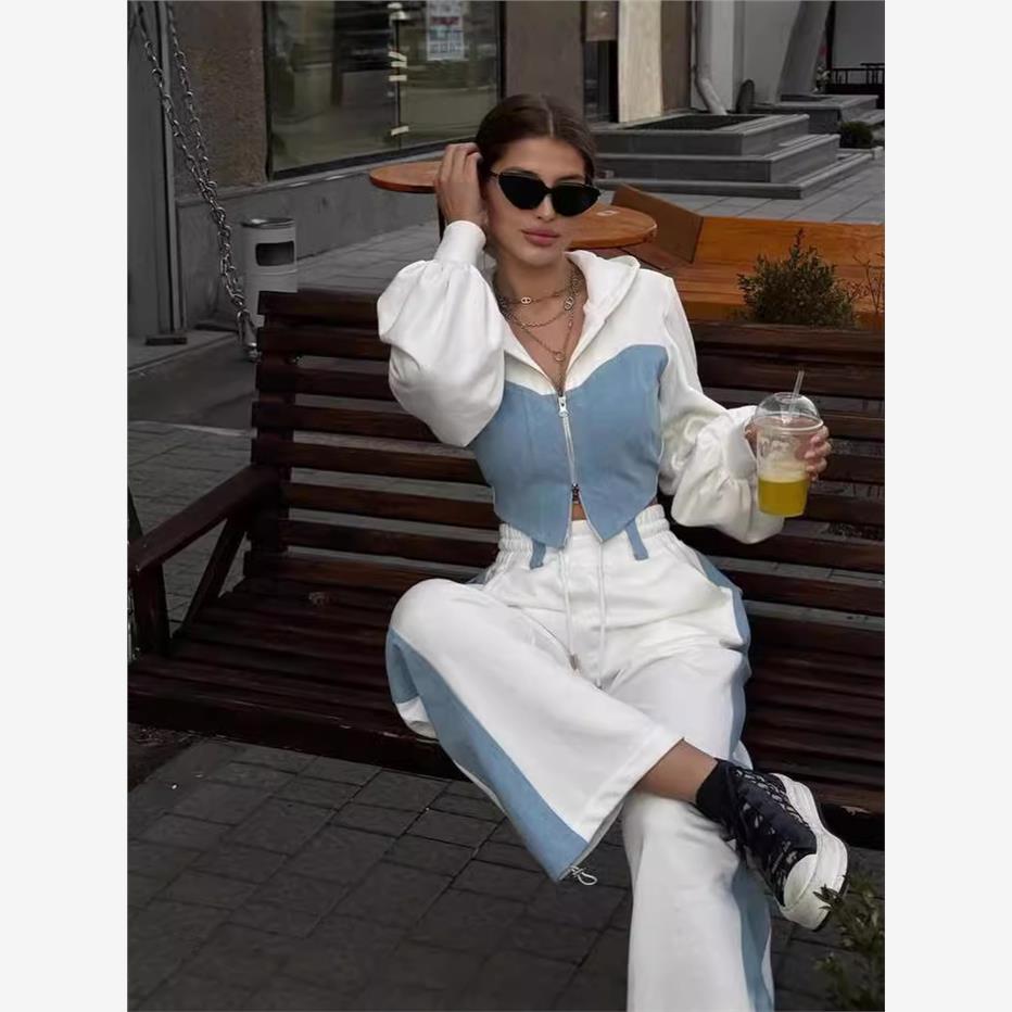 牛仔拼接连帽上衣长裤套
