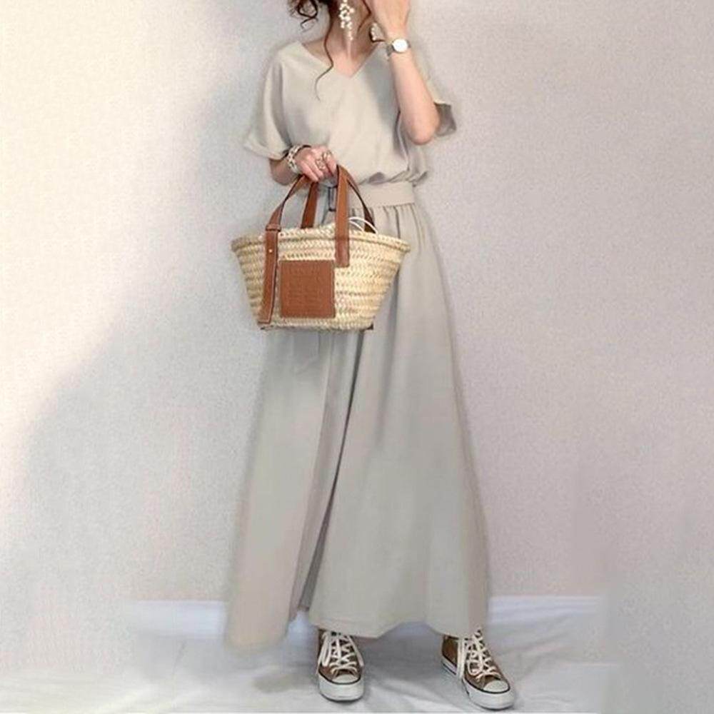 日系V领短袖高腰松紧收腰带大摆连衣裙夏气质过膝小个子拖地长裙