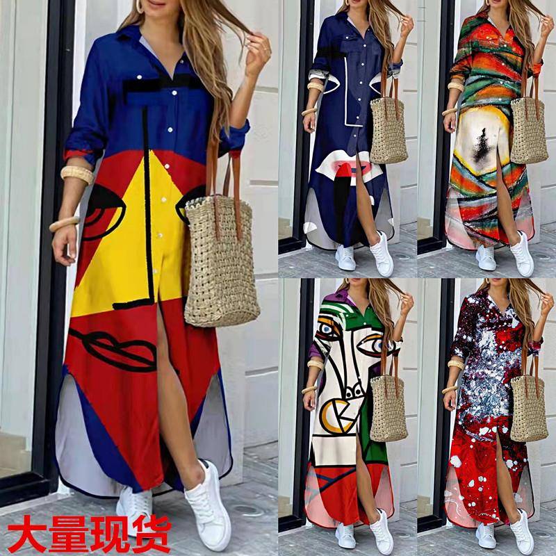 新款eBay速卖通春季热卖时尚长袖印花衬衣裙长款连衣裙潮