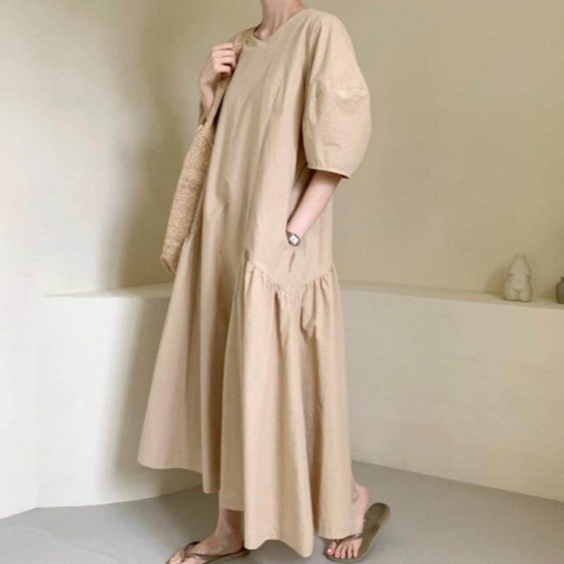 韩国chic夏季新款日系简约复古不规则宽松慵懒长裙圆领短袖连衣裙