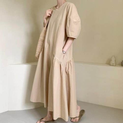 韩国chic夏季新款日系简约复古不规则宽松慵懒长裙圆领短袖连衣裙