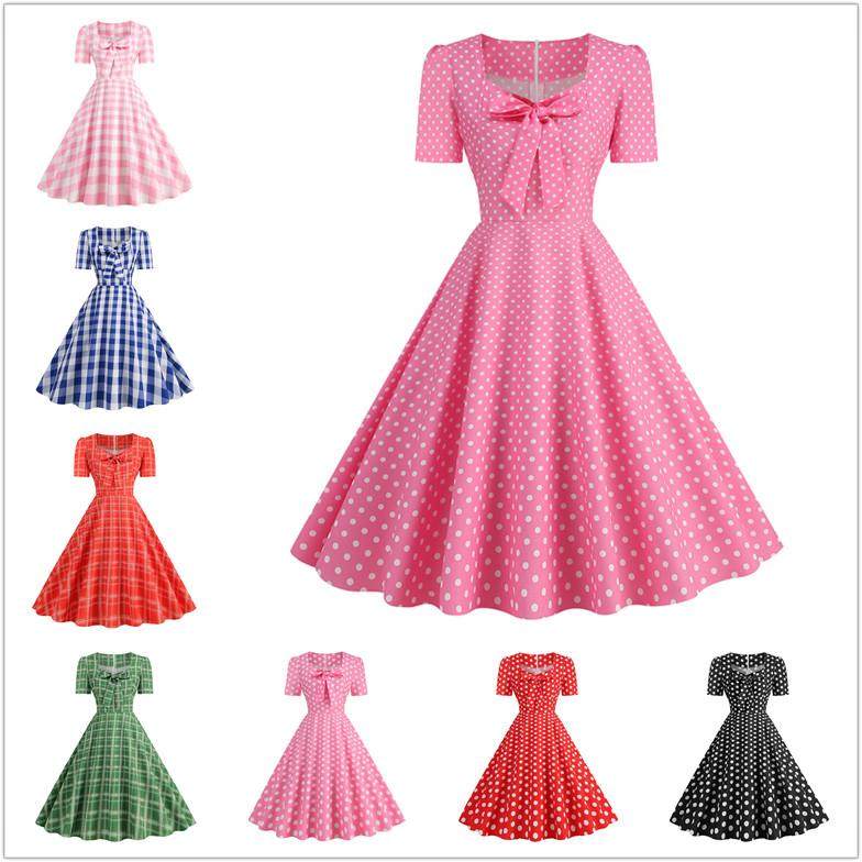 赫本复古港风欧美风收腰方领蝴蝶结格子圆点短袖连衣裙晨袍舞蹈裙