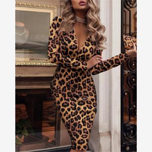 Sleeve Long Plunge Skinny Leopard Dress豹纹印花洋装 Print