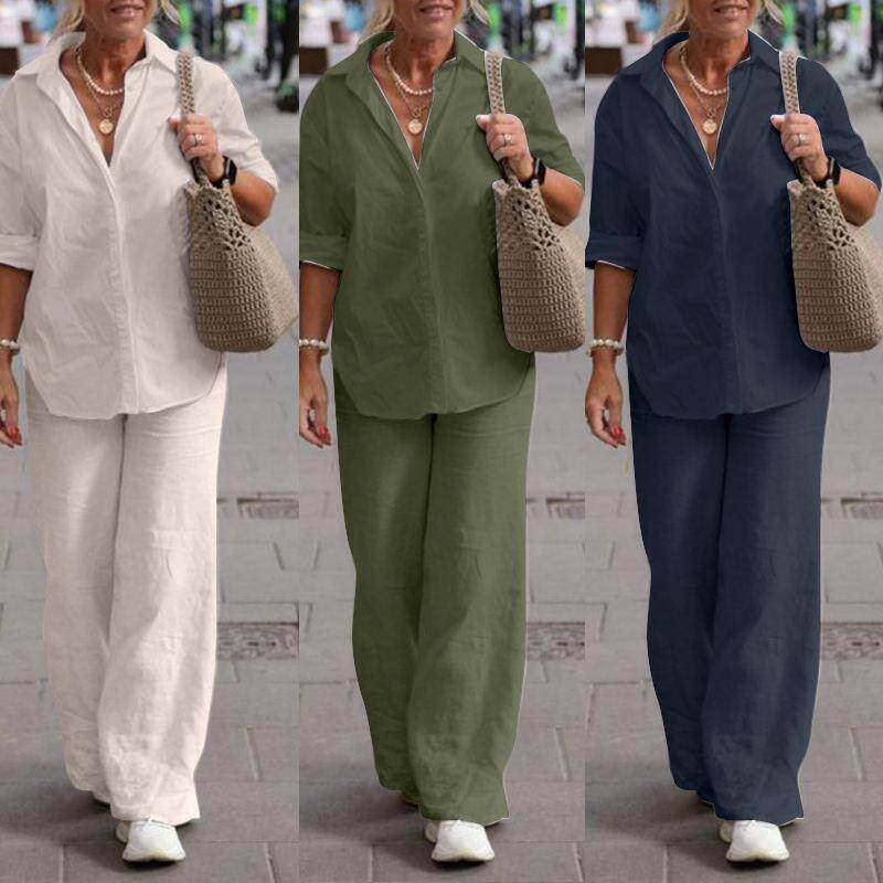 Two-piece blouse wide leg pants suit