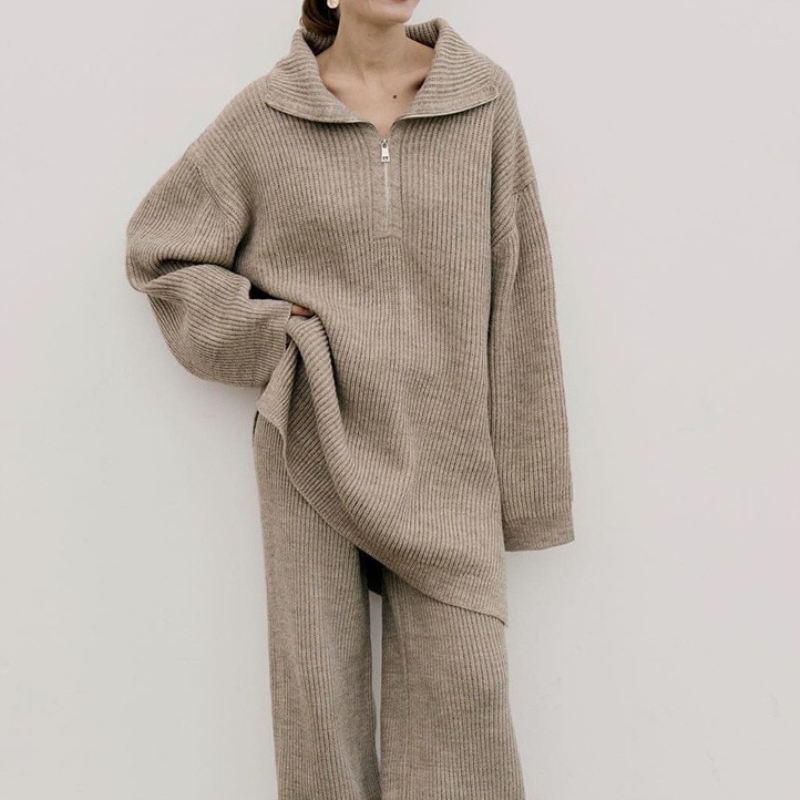 欧美简约纯色套装女秋冬