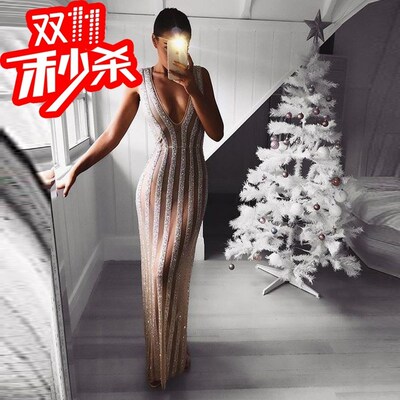 2019 sexy deep V sleeveless sequined sheer dress透视亮片礼服