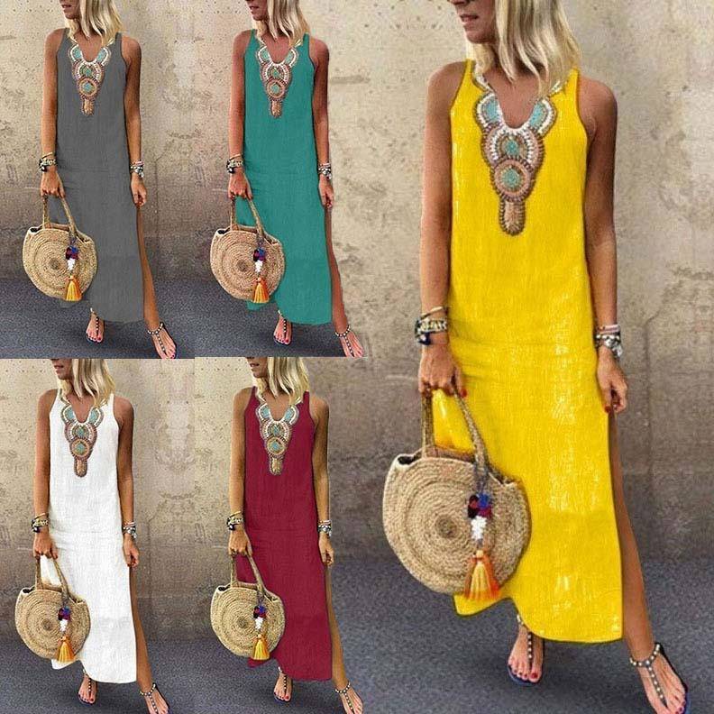 cotton line long dress速卖通棉麻波西米亚无袖深V侧开叉连衣裙